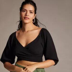 Maeve Cross-Front Puff-Sleeve Top (XL / Black)